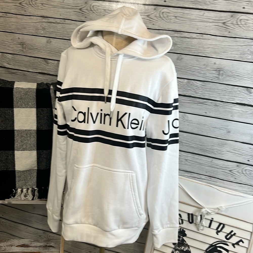 Calvin Klein White Hoodie with Black Stripes